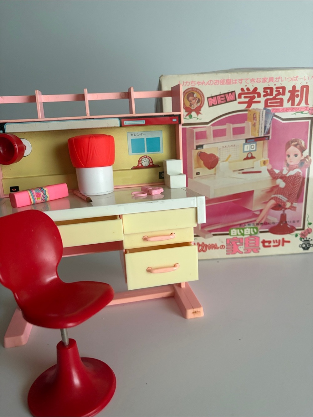 Takara Pink and Red Doll Desk Playset with Cream Drawers